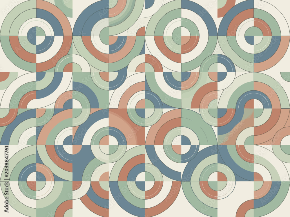 Fototapeta premium Retro Mid-Century Modern Geometric Pattern with Abstract Circles and Shapes in Muted Earth Tones