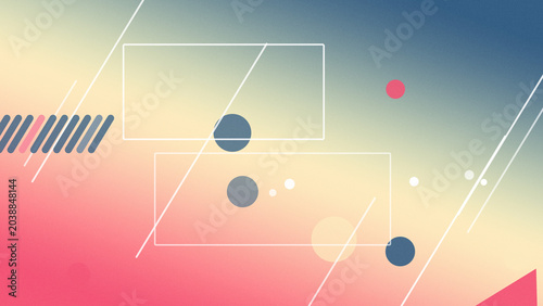 Tableau sur toile Outlined rectangle frames with floating circles and diagonal line streaks drift over a warm sunset gradient, suggesting upbeat creativity and tech design