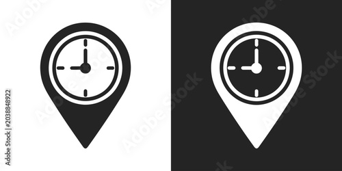 Canvastavla Vector map pin icon with clock face symbol, black and white flat minimalist design for location time, opening hours, schedule tracking and delivery ETA illustration