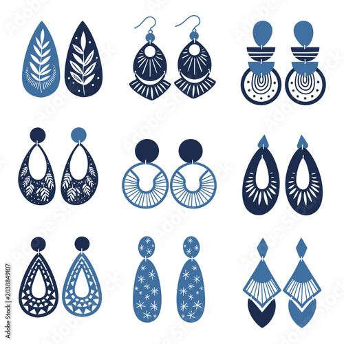 Obraz na plátně Boho Geometric Earrings Set - Blue Tribal Dangle Jewelry Collection