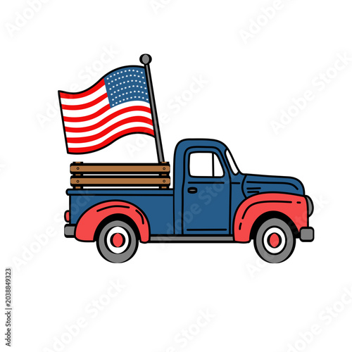 Classic American Pickup Truck Waving the Flag of Freedom and Patriotism