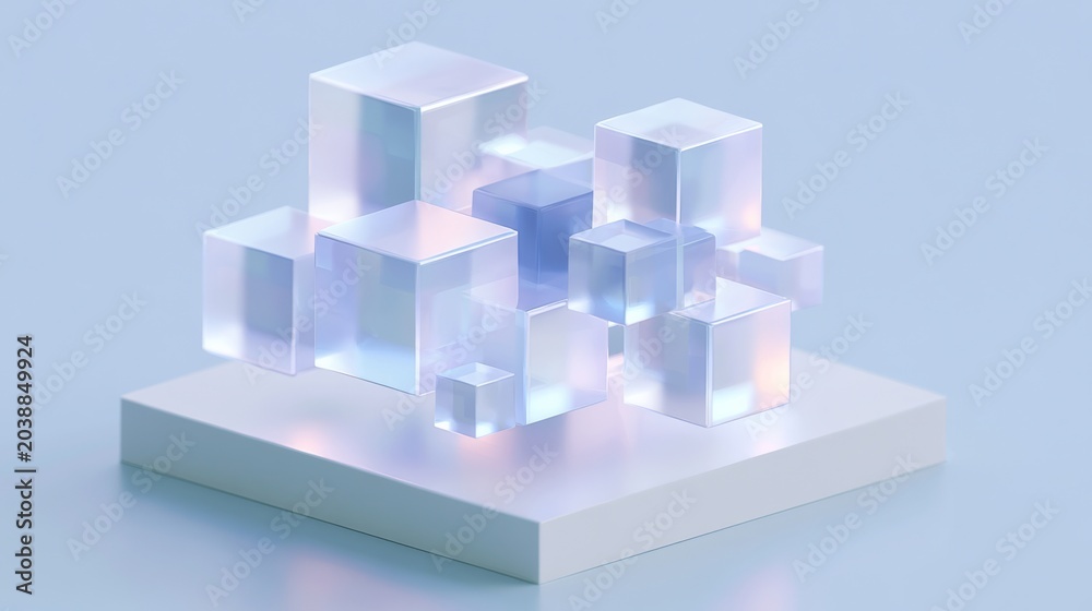 Obraz premium Abstract composition of translucent geometric cubes arranged on a white platform with soft lighting, creating a modern and sophisticated visual display