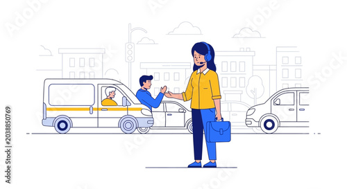 Woman interacting with delivery man.