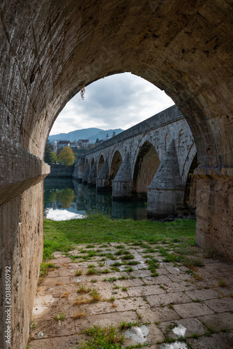 Bridge of Mehmed Pasa Sokolovic in Visegrad, national monument and listed on UNESCO world heritage, shot through arch