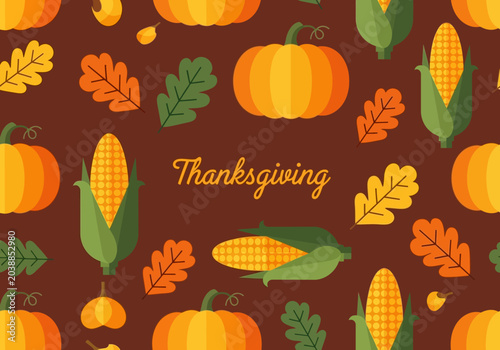 Foto Thanksgiving Autumn Harvest Flat Design Background with Pumpkins, Corn, and Oak