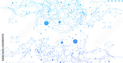 Foto Abstract technological background featuring blue network connections, binary digits 0, 1, and various geometric shapes, representing digital data flow and global communication