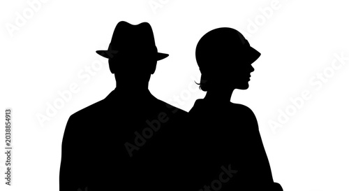Man and woman wearing vintage hats in silhouette