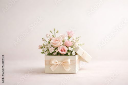 Elegant gift box filled with pink roses and delicate flowers for wedding gift background card banner and romantic floral arrangement