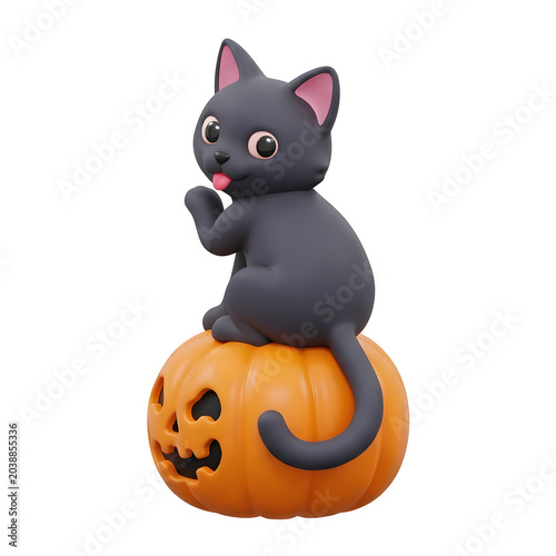Cute 3D Black Cat Sitting on a Jack-o'-Lantern