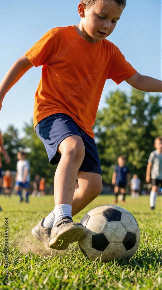 Naklejka premium Boy playing soccer on green grass field. Young athlete running with ball during summer match. Active lifestyle, teamwork and healthy exercise concept for children outdoors.