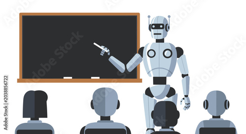 Robot Teacher Teaching Students in a Future Classroom Illustration. AI Education and Machine Learning Concept.