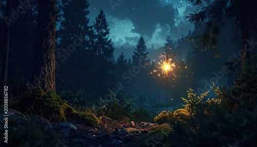 Mysterious Forest Landscape with Glowing Light.