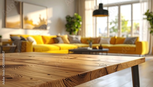 Cozy Living Room with Bright Yellow Sofa and Wooden Table.