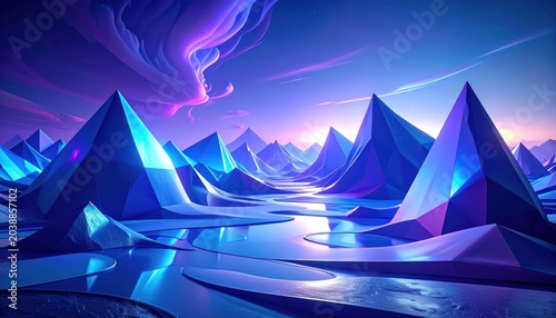 Futuristic Landscape with Crystal Mountains and Water.