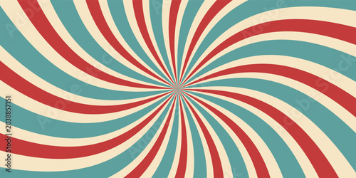 Circus or carnival rays background layout with vector grunge texture. Retro spiral pattern with red, white and blue radial stripes of vintage circus, carnival, fair or chapiteau big top tent