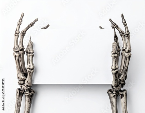 Two spooky skeleton hands emerge from a plain white background, presenting a blank white horizontal card with copy space for custom text or seasonal message