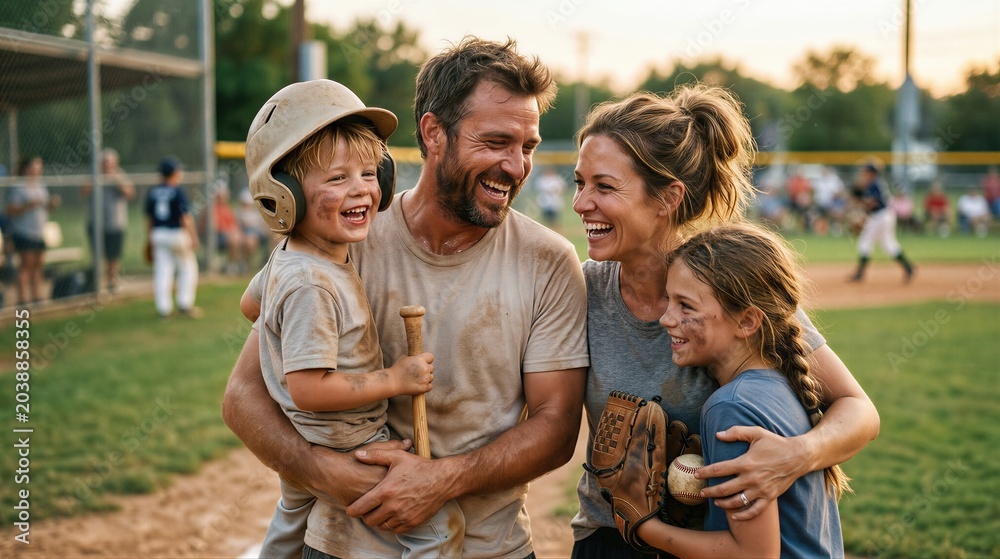 Naklejka premium Happy family with father, mother, son and daughter playing baseball at local park. Parents and child celebrating summer sport activity after game. Active lifestyle and family fun concept.