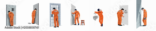 Fotografie Illustrations of a male prisoner in an orange uniform showing various emotions of despair, loneliness, and regret in a jail cell setting