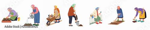 Foto Vector illustration set of elderly women characters engaged in various gardening activities like planting, watering, and digging, isolated on white background