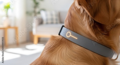 Golden retriever wearing smart collar with tracking device. Domestic dog with electronic wearable technology for health monitoring and location tracking. Modern pet care gadget indoors.