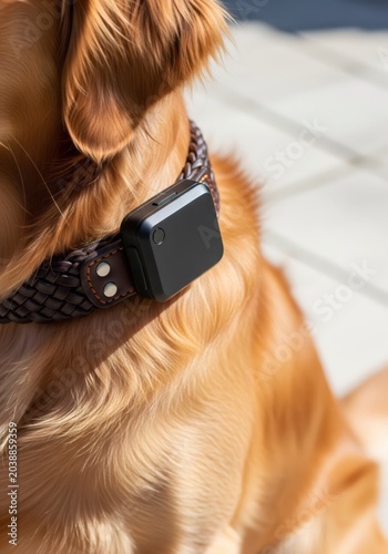 Golden retriever wearing a leather collar with a modern electronic GPS tracker. Device for dog location, safety and security. Smart pet technology for monitoring animal activity.