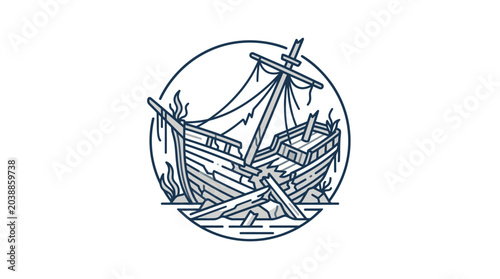 Canvas Print Old wooden shipwreck in a circle illustration.