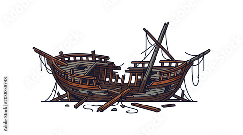 Fotografija Old wooden shipwreck with broken masts and tattered sails.