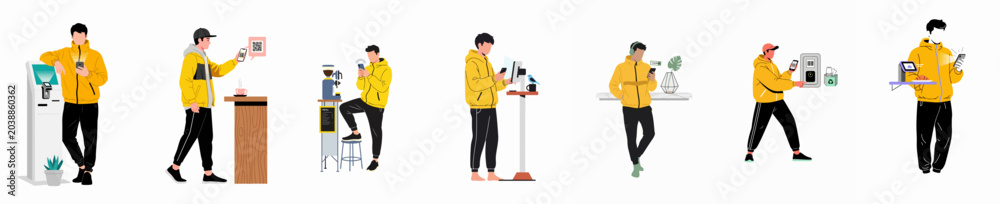 Fototapeta premium Set of flat illustrations featuring a young man using different self-service kiosks and digital payment systems with his smartphone.