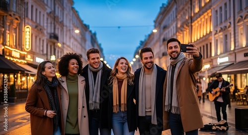 Diverse group of friends taking selfie on city street