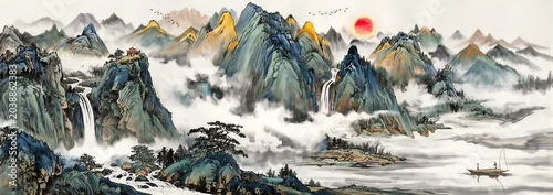 Panel kuchenny z motywem Traditional Chinese Landscape Painting With River Boat