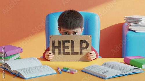 Tired student holding cardboard sign with word Help before exam at wooden desk indoors 