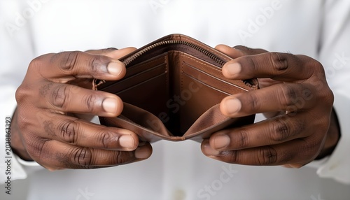 Close-up of a person's hands holding open an empty brown leather wallet. Represents financial crisis, bankruptcy, poverty, being broke, and lack of money during difficult economic time.