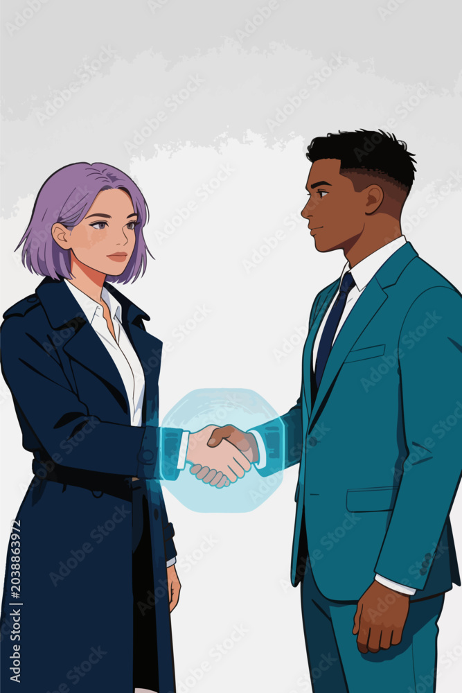 Fototapeta premium Virtual Business Handshake Between Two Professional Office Workers