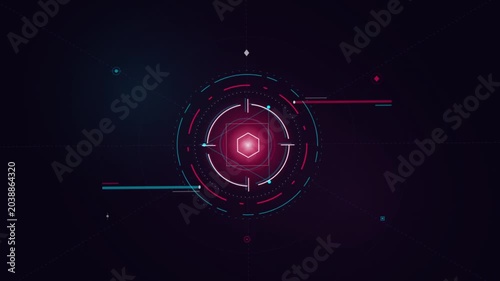 Abstract futuristic digital target interface with glowing pink hexagon and concentric circles on a dark background.