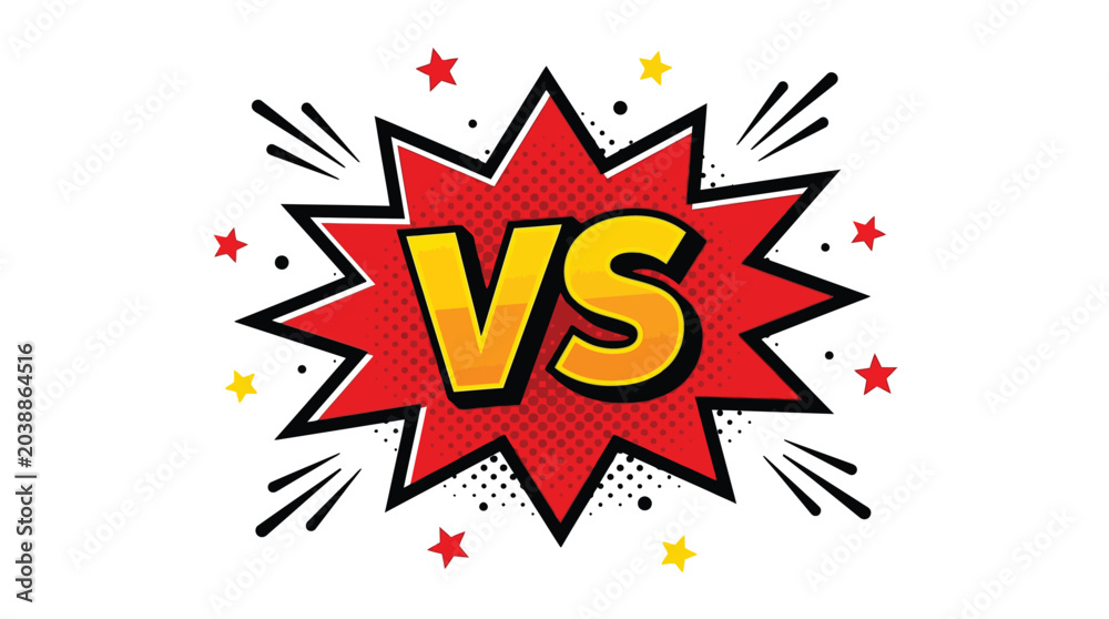 Fototapeta premium Vibrant versus comic book style vector graphic illustration featuring a red starburst with yellow letters
