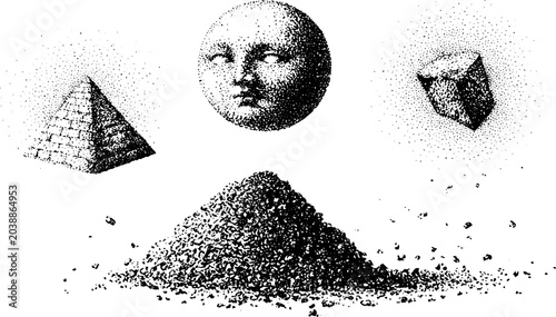 Pyramid moon cube floating above pile of rubble on plain background