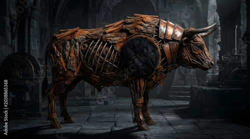 A large mechanical bull sculpture stands in a dark and mysterious stone room with arches.