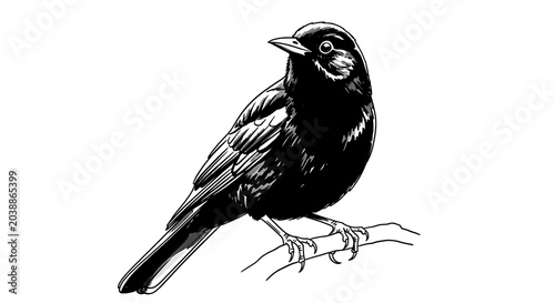 A blackbird perched on a branch, isolated on a transparent background