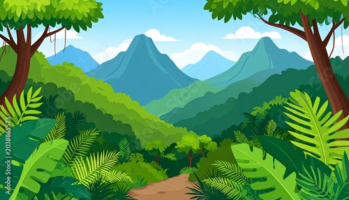 Lush green jungle landscape with mountains and tropical plants.