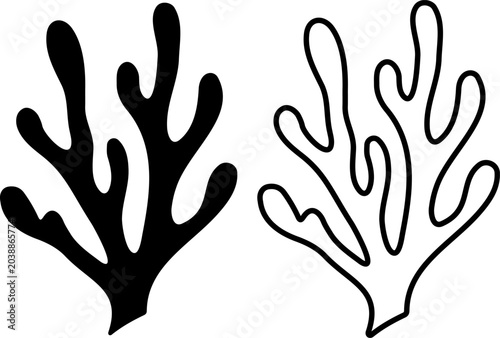 Coral silhouette and linear outline icon set for marine life and ocean designs