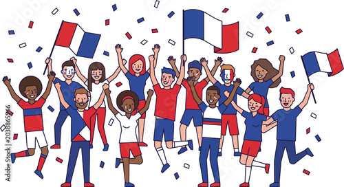 Fotografi Diverse group of people celebrating with French flags and confetti in the air ha
