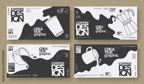 Coffee concept design. Outline horizontal banners set of coffee cup, paper cup, milk pitcher, coffeemaker. Spilling coffee and milk. Minimalist illustration for wall art, cafe, decoration, coffeeshop