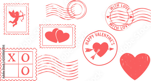 Set of valentines day postage stamps, postmarks, and heart icons