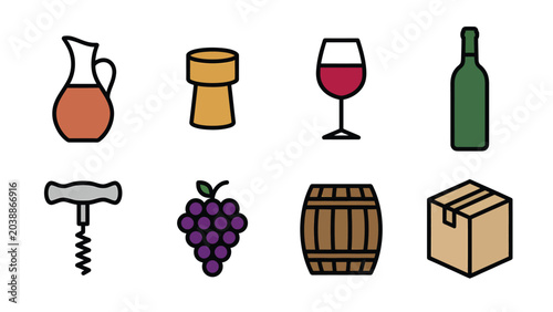 Set of wine-related icons including a pitcher, cork, glass, bottle, corkscrew, grapes, barrel, and box.