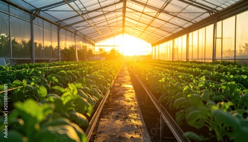 Lush Greenhouse at Sunset - A Symphony of Light and Growth.