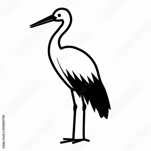 Black and White Illustration of Elegant Stork Standing on One Leg