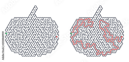 Halloween maze puzzle in pumpkin shape with path highlighted  