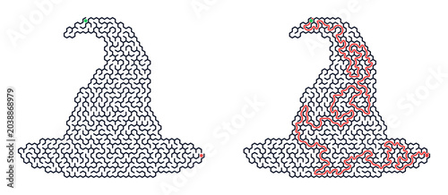 Halloween maze puzzle in the shape of a witch hat outline design  