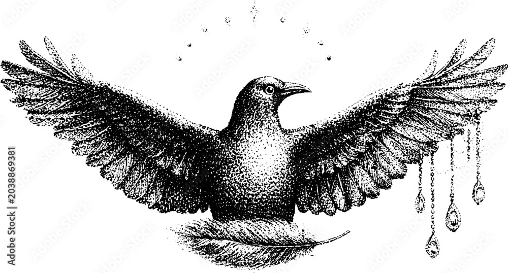 Obraz premium Crow spreading wings with hanging droplets on white background