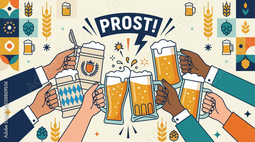 A vibrant flat design illustration capturing the communal spirit of "Prost!" with multiple hands clinking traditional Bavarian beer steins. This clean, modern vector embodies Oktoberfest camaraderie.
